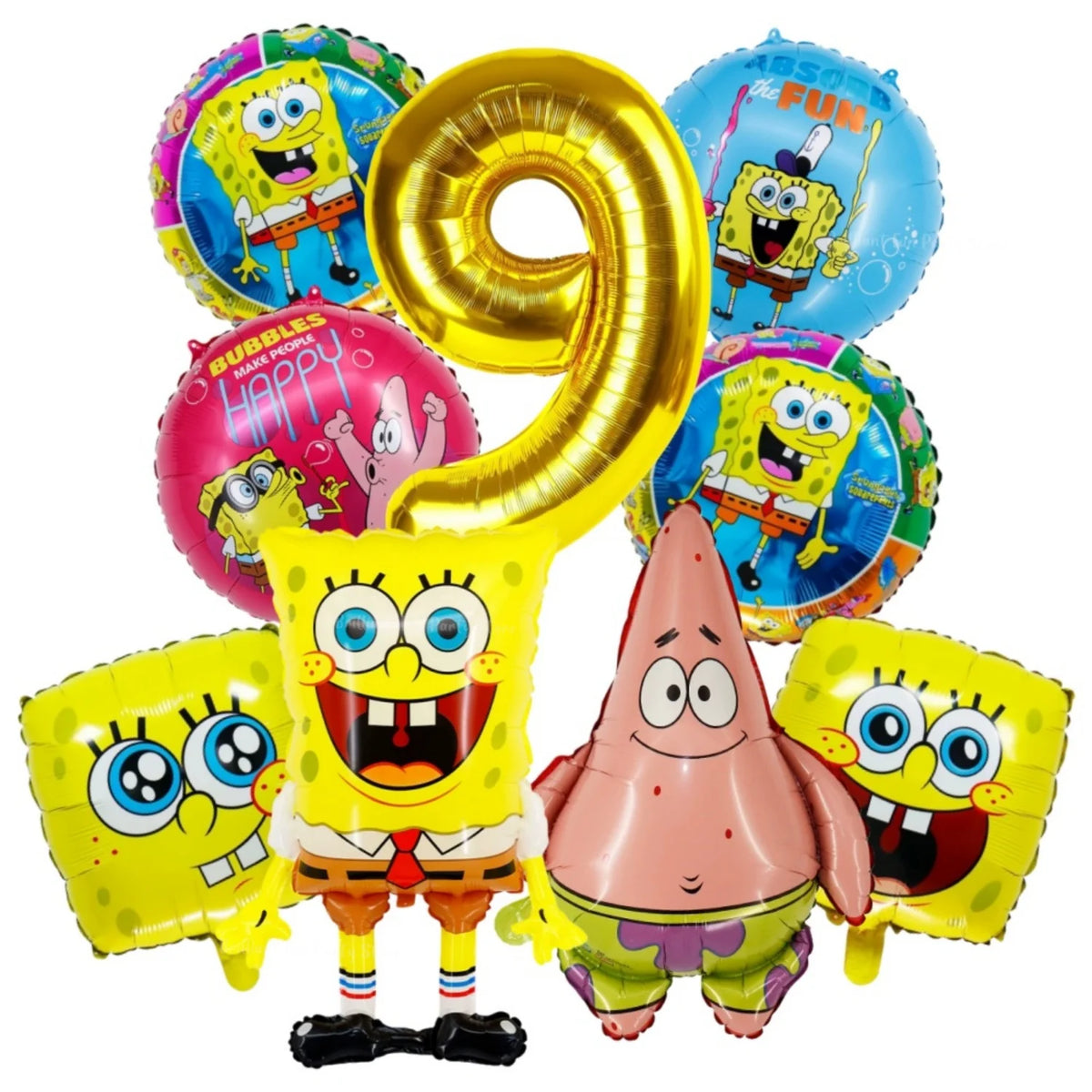 A set of nine foil balloons featuring characters from SpongeBob SquarePants including SpongeBob and Patrick