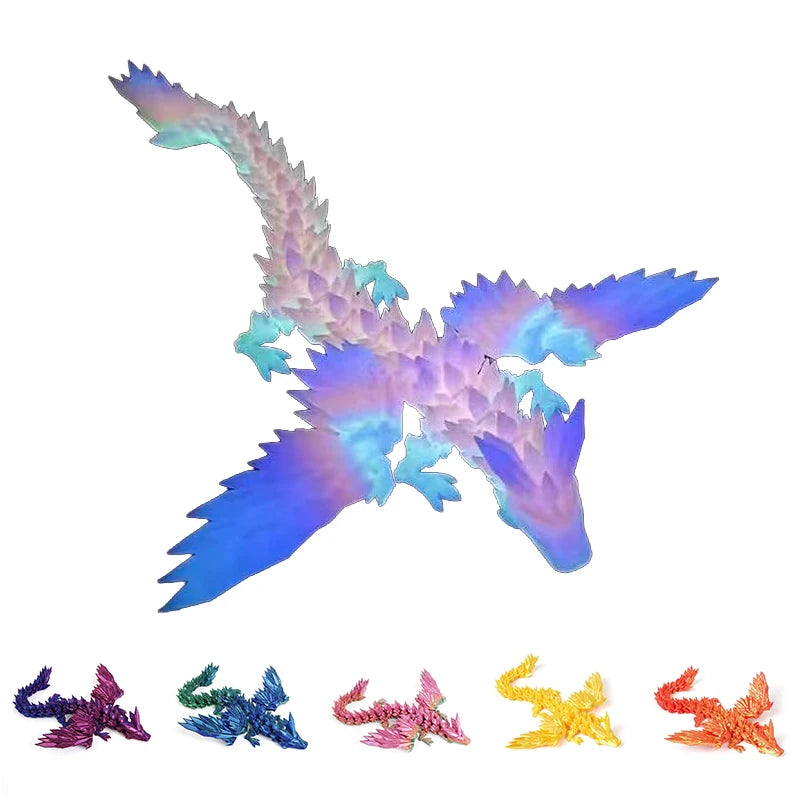A set of eight 3D printed magic dragon desktop ornaments in various shades of blue and purple.