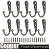 Copper wall-mounted hooks with screws sold as a set for hanging coats and bags