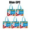 Blue 5-piece set of festive Christmas gift bags with handles featuring Santa faces and green foliage