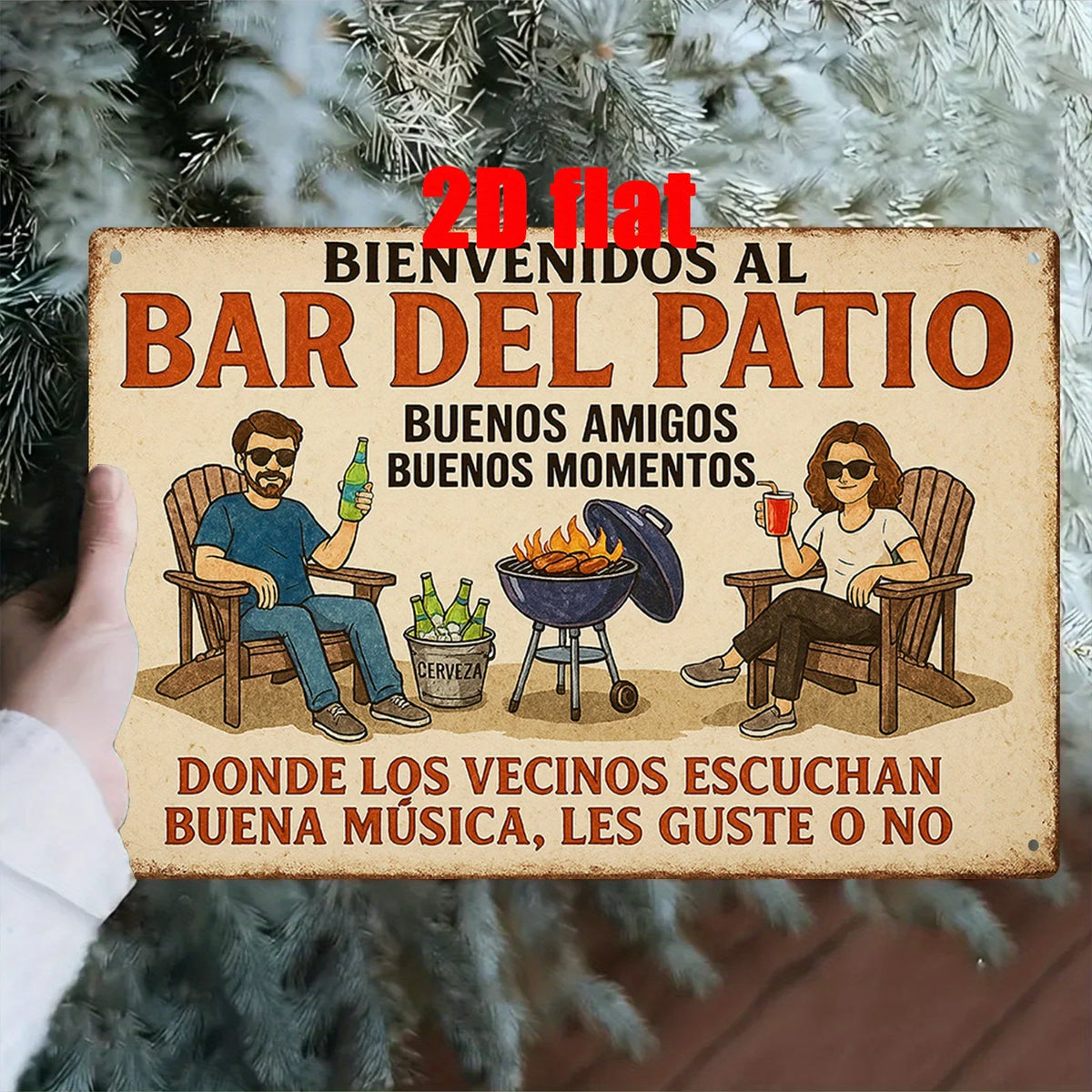 A rustic wooden sign welcomes guests to Bar del Patio featuring illustrations of people enjoying drinks and music.
