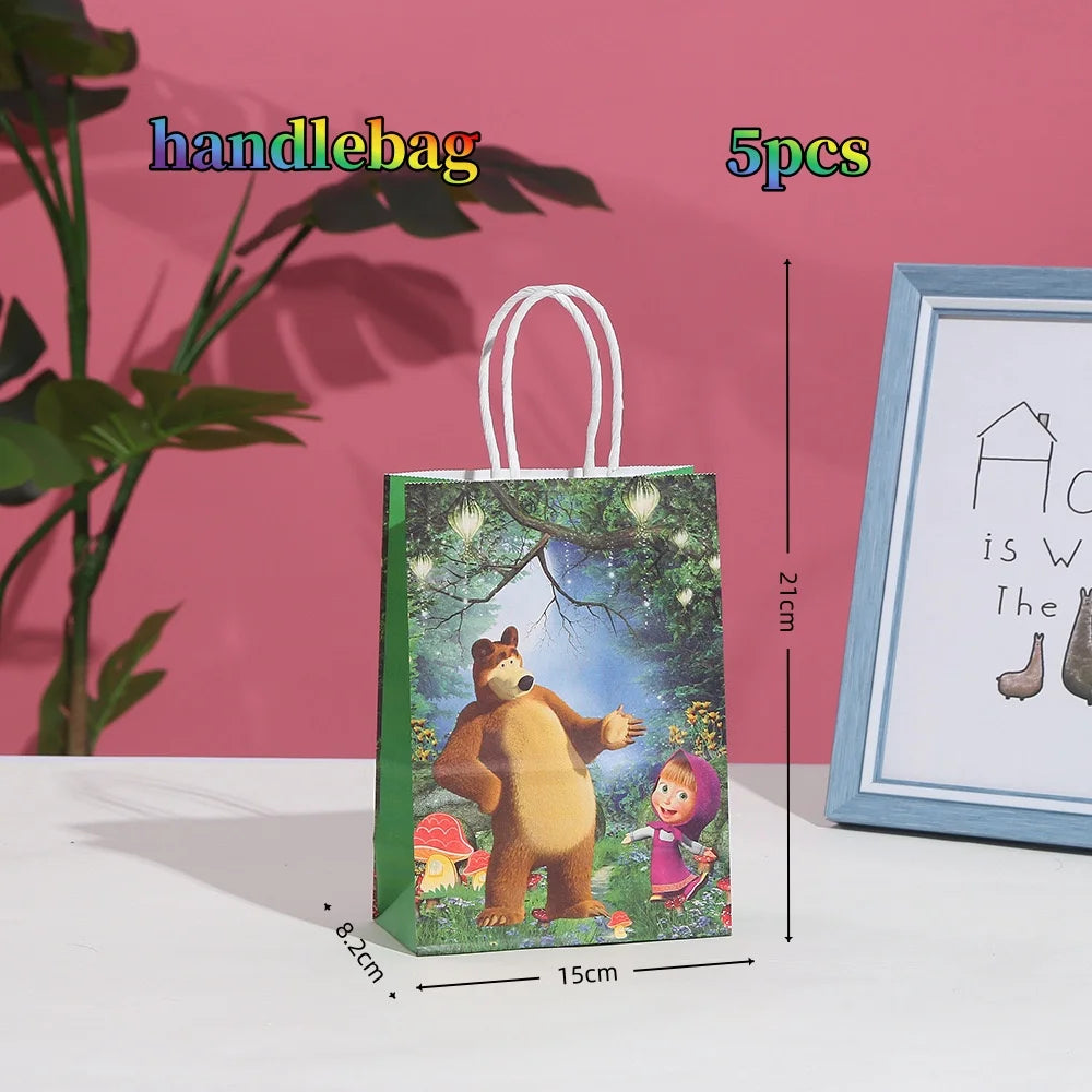 A set of 5 handmade bags featuring Masha and Bear characters for party decor.