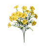 A bouquet of yellow artificial silk flowers with green leaves.
