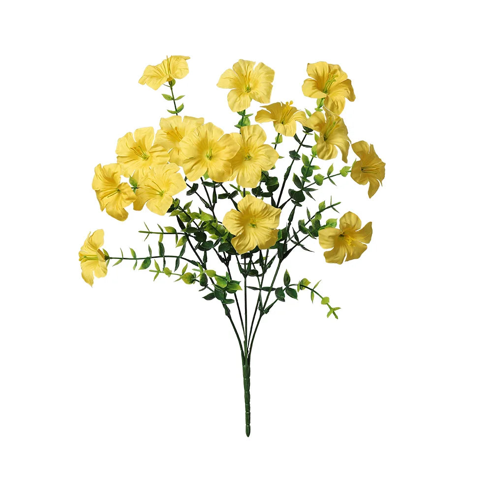A bouquet of yellow artificial silk flowers with green leaves.