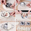 Stainless steel dumpling maker showing various stages of making dumplings and finished products.