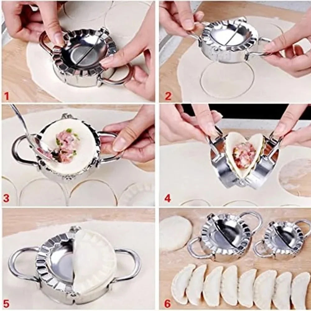 Stainless steel dumpling maker showing various stages of making dumplings and finished products.