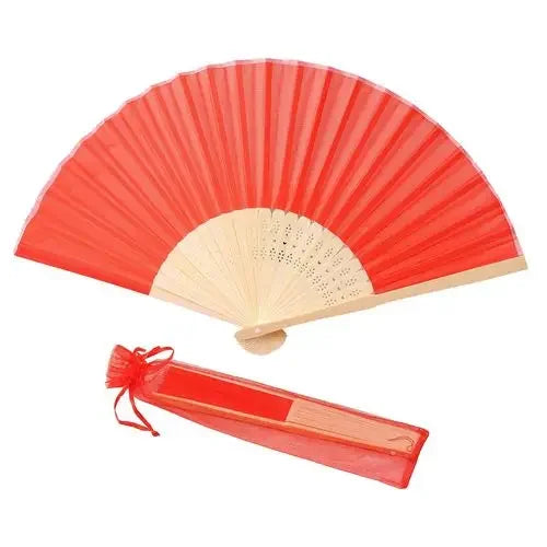 Red silk wedding hand fans with a bamboo frame shown open and closed.