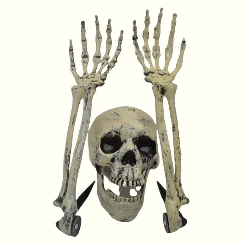 Halloween skeleton bone garden stakes featuring a skull and hand design