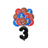 A collection of red and blue Five Nights at Freddy's themed party supplies, including character plush toys.