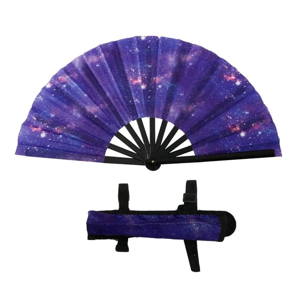 Purple glitter holographic hand fan with black ribs, suitable for parties and performance.