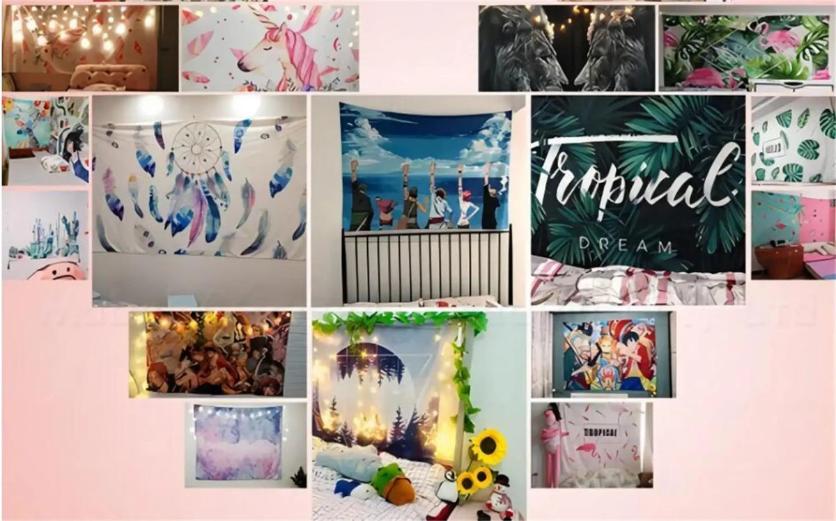 Collage de tapiz para pared con temática patriótica y diseños tropicales.