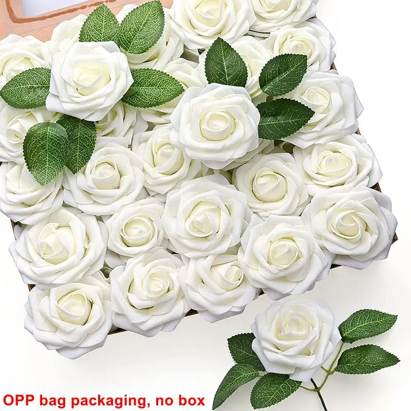 A bouquet of white foam rose flowers with green leaves arranged in a box for DIY projects.