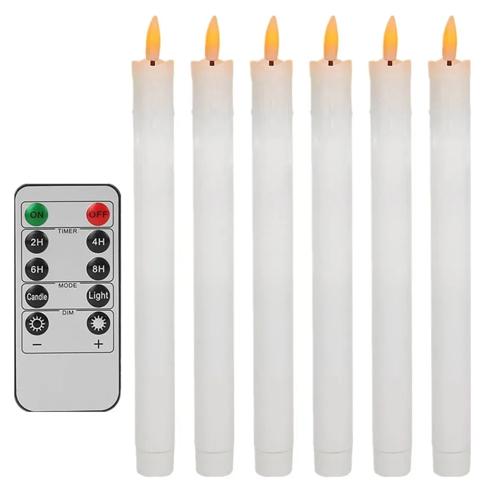A set of white flameless LED taper candles and a remote control with timer settings