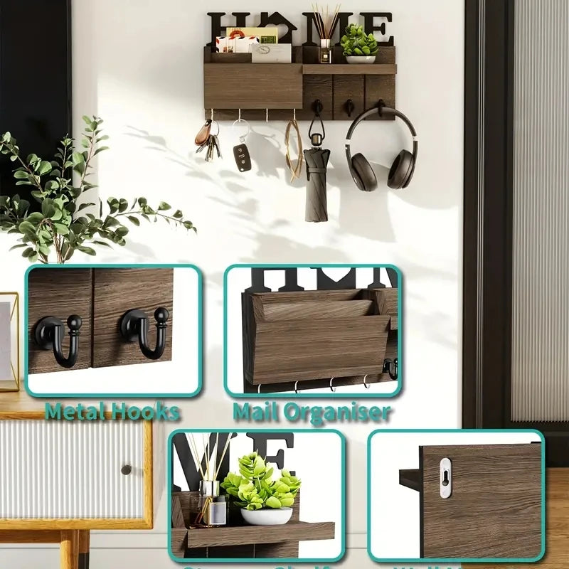 Rustic wooden wall key holder featuring a shelf and seven metal hooks for organizing keys and accessories.