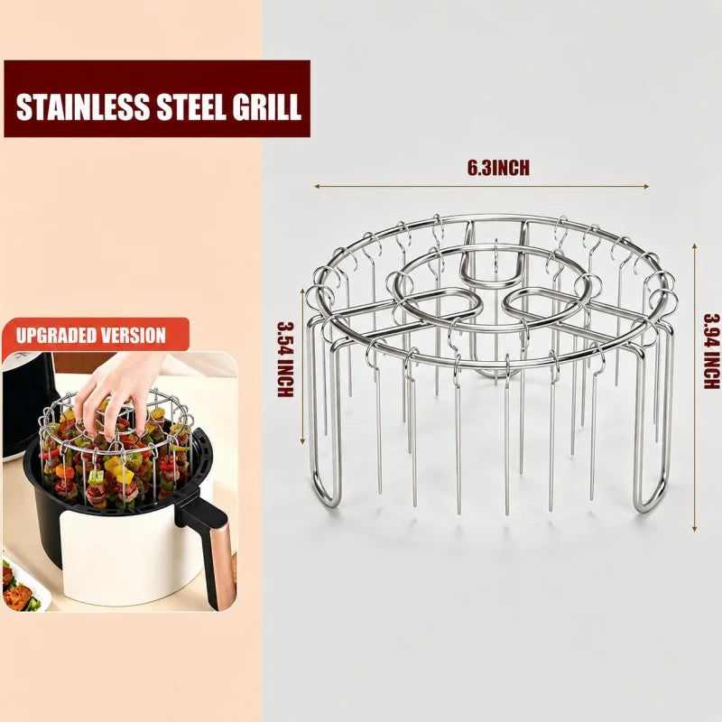 Stainless steel vertical skewer rack with multiple rods for air fryer use