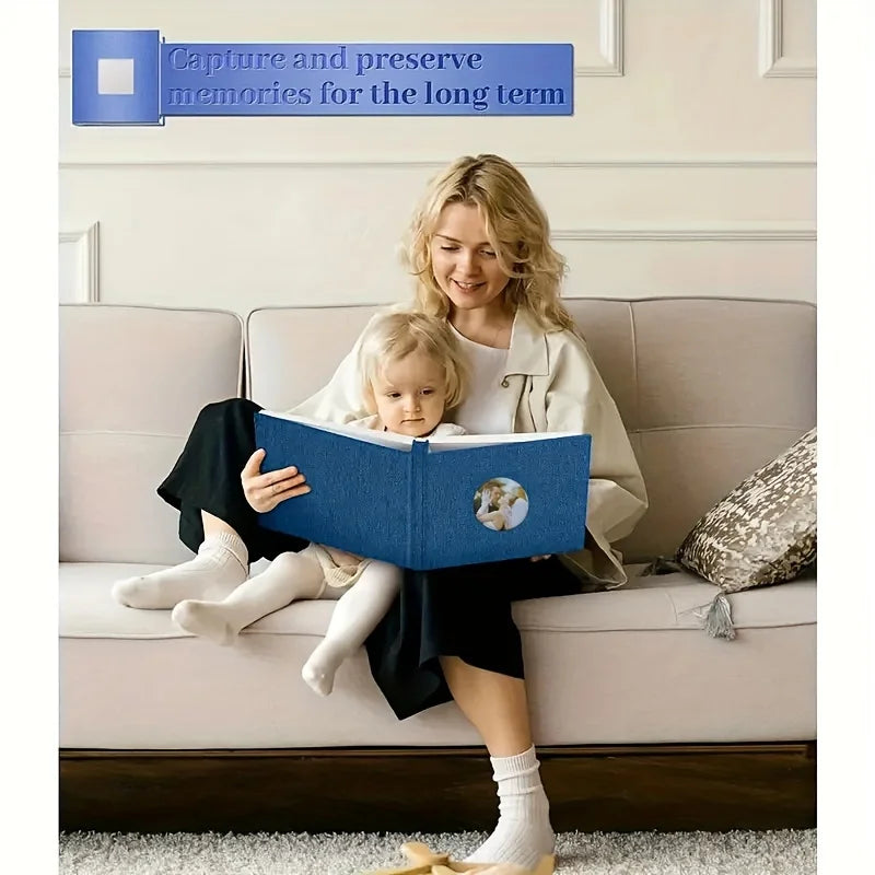 A woman is reading a book to a young child on a sofa, with a magnetic scrapbook album visible above them.