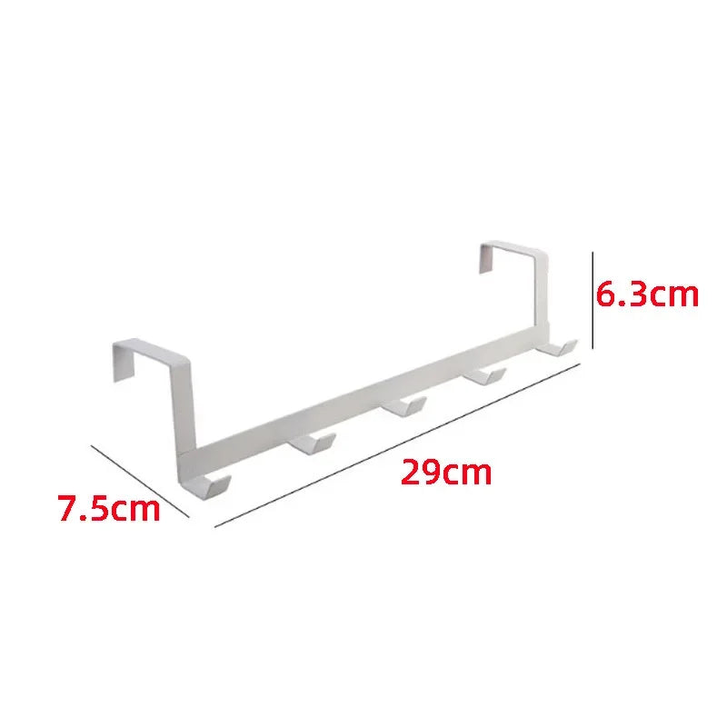 A white iron door and wall organizer rack with five hooks, showing its dimensions.