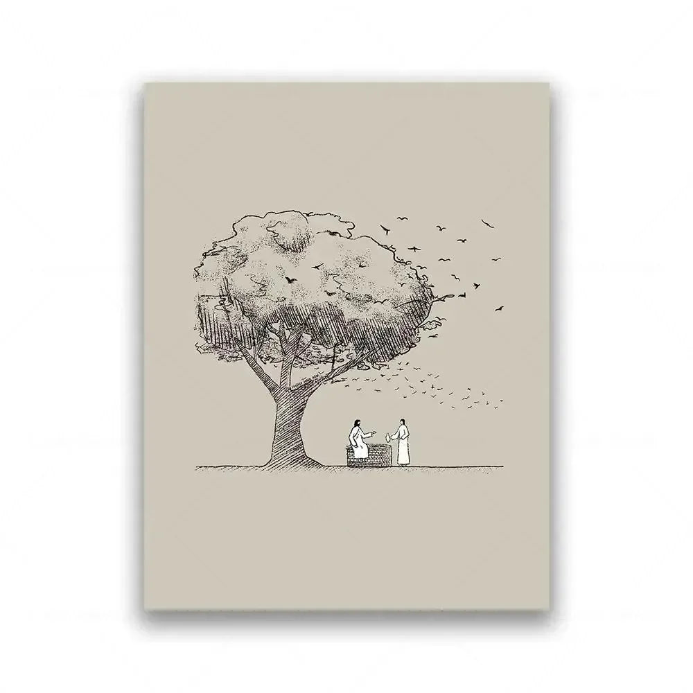 Dibujo en blanco y negro de Jesús lavando los pies de un discípulo bajo un árbol.