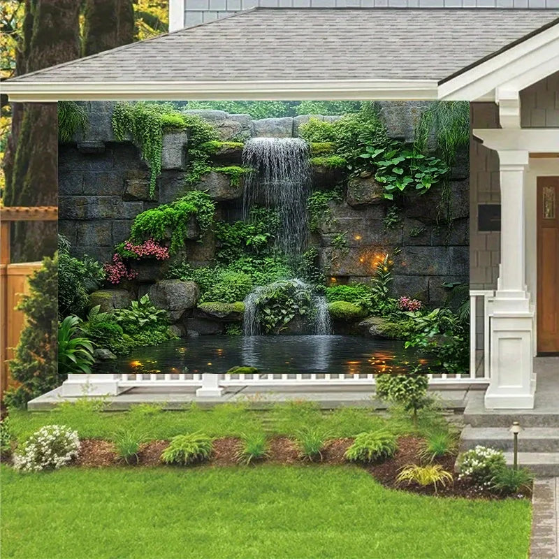 A decorative wall hanging featuring a waterfall and lush green plant tapestry set into a stone facade.