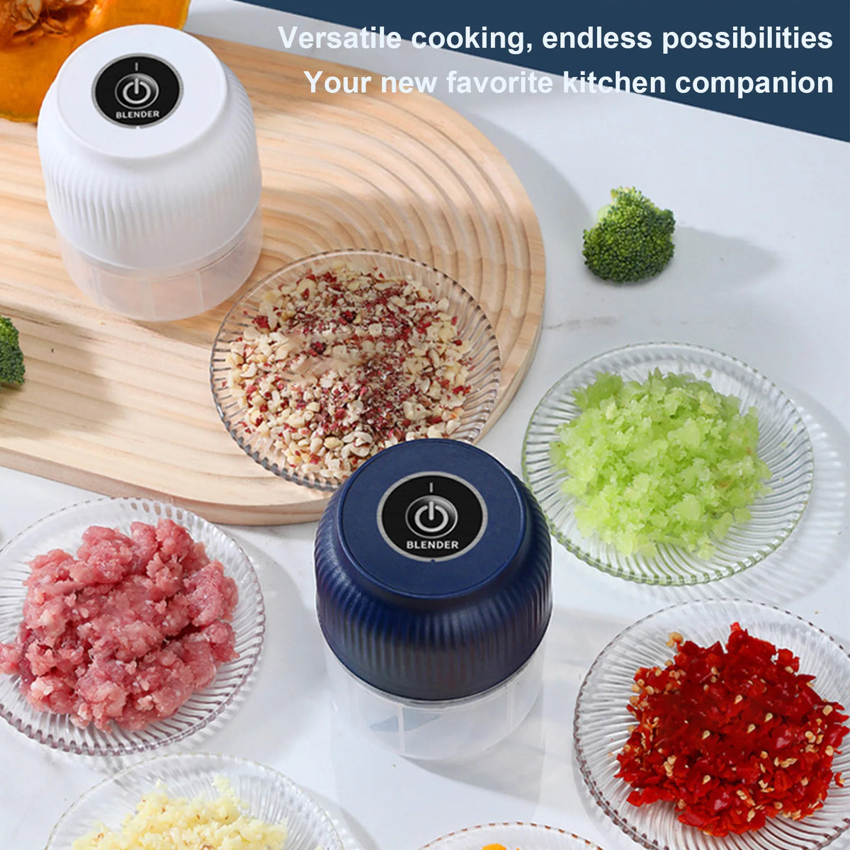 A collection of various spices and minced ingredients next to a blender jar and a food chopper.
