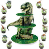 A three-tier cupcake stand decorated with various dinosaur figures for a kids' party.