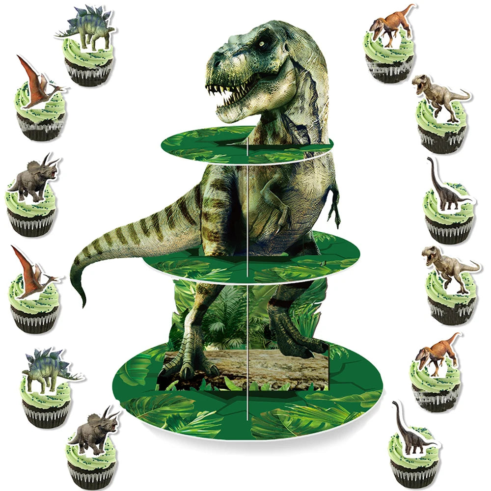 A three-tier cupcake stand decorated with various dinosaur figures for a kids' party.