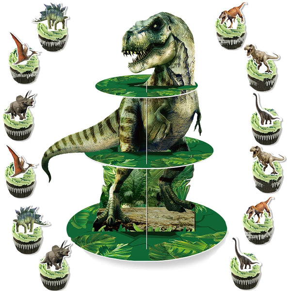 A three-tier cupcake stand decorated with various dinosaur figures for a kids' party.