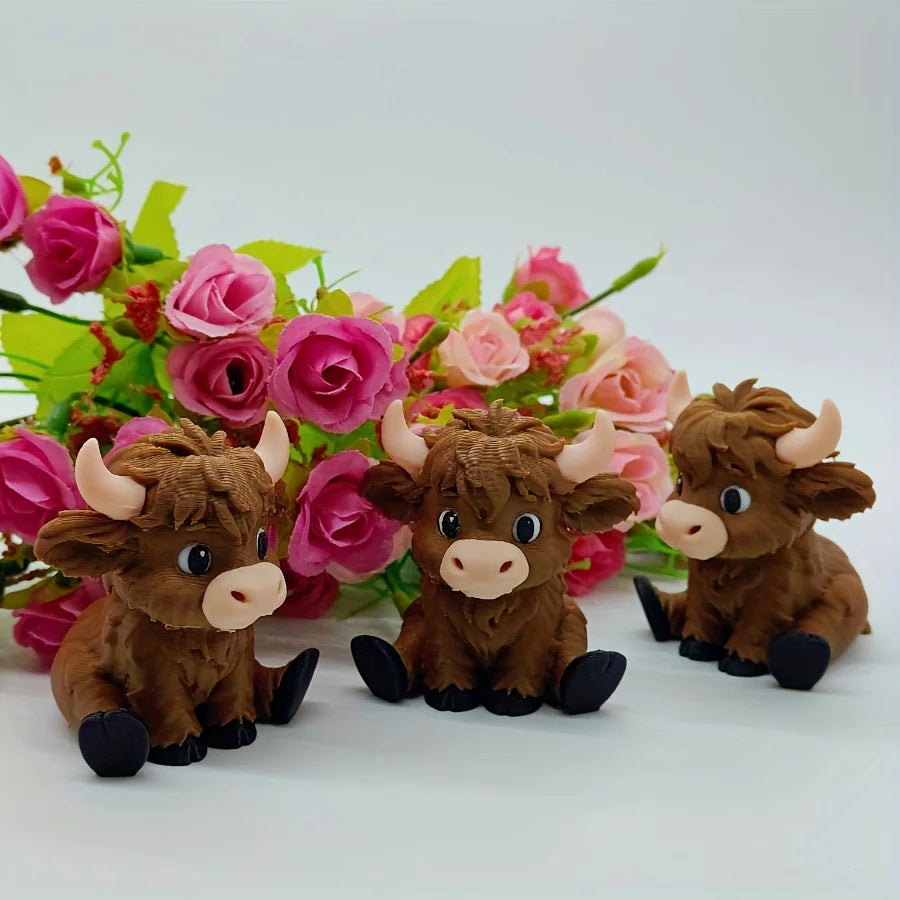 A set of three small brown Highland cow statues surrounded by pink and green flowers.