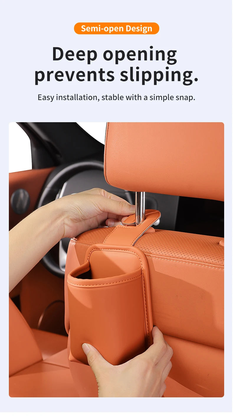 A hand is installing a semi-open design car seat back organizer and headrest hanger in an orange car seat.