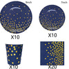 A set of navy blue and gold disposable party tableware including 9-inch and 7-inch plates and cups.