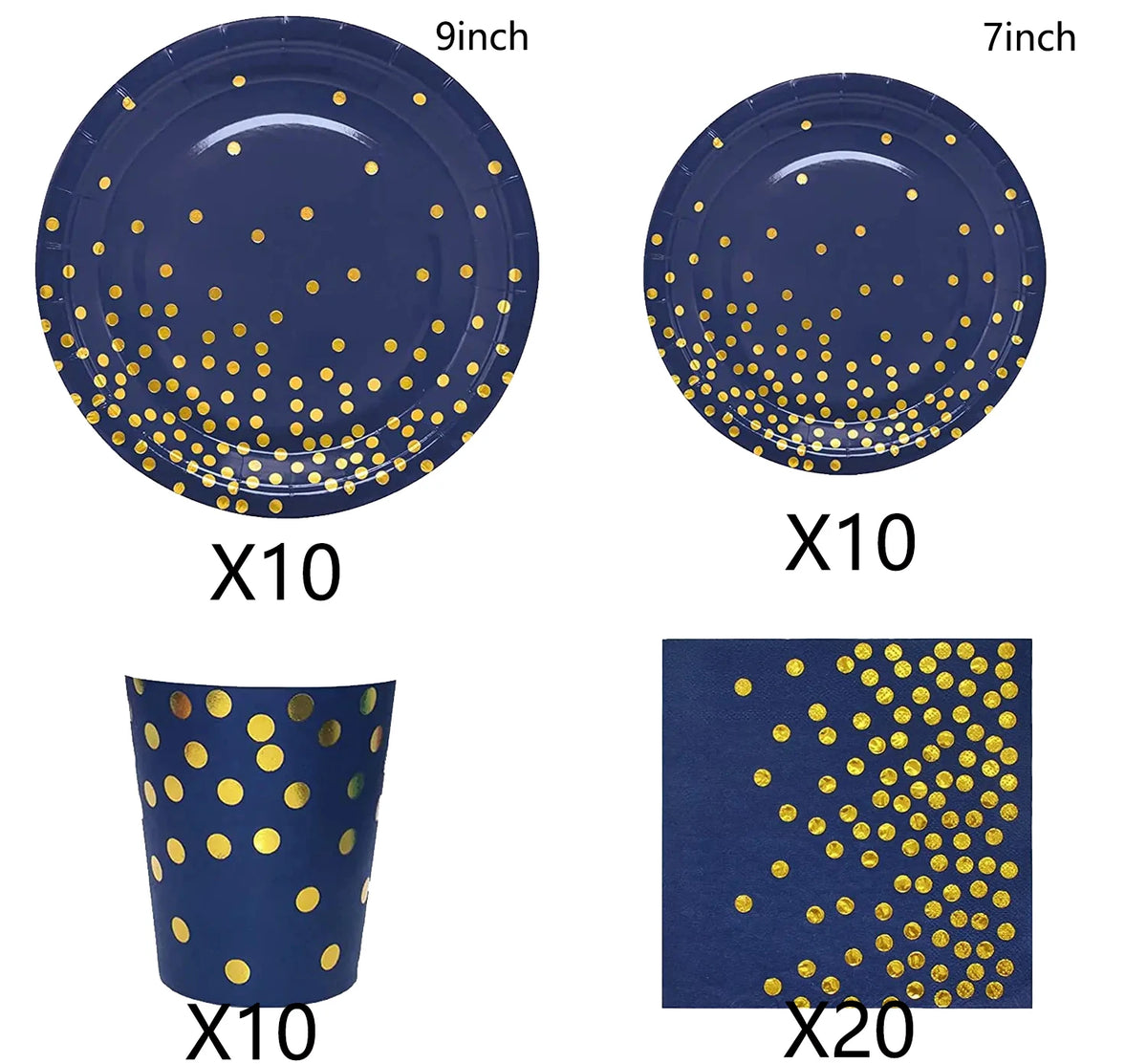 A set of navy blue and gold disposable party tableware including 9-inch and 7-inch plates and cups.