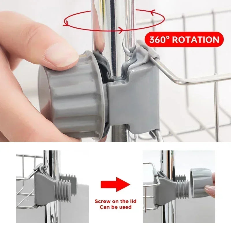 A hand demonstrates the 360 degree rotation of a faucet-mounted kitchen organizer with a sponge holder and drying rack.
