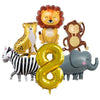 A set of safari animal foil balloons including a lion, zebra, elephant, and monkey.