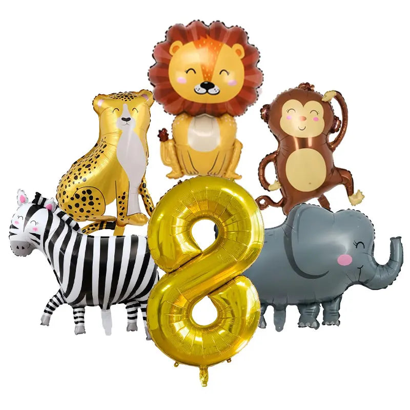 A set of safari animal foil balloons including a lion, zebra, elephant, and monkey.
