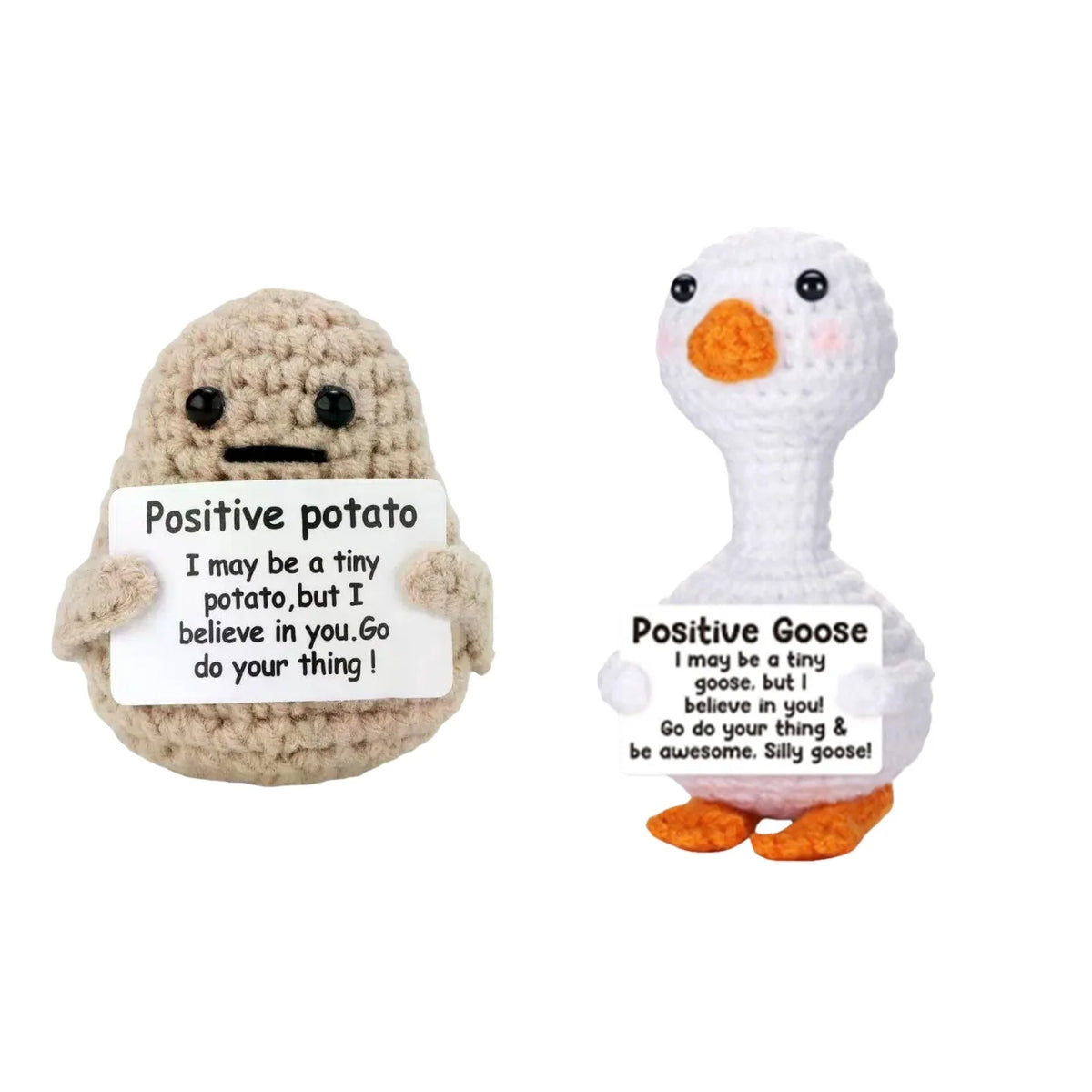 A handmade plush knitting doll shaped like a potato and a goose, featuring positive affirmations.