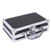 A silver aluminum storage box for a portable tattoo machine with reinforced corners.