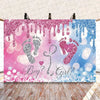 A pink and blue glitter banner featuring footprints and question marks for a gender reveal party decoration set.