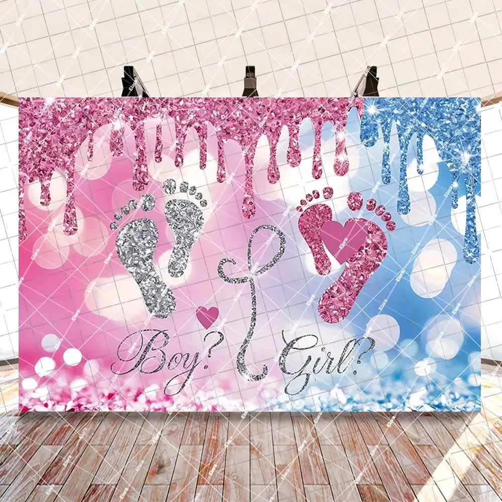 A pink and blue glitter banner featuring footprints and question marks for a gender reveal party decoration set.