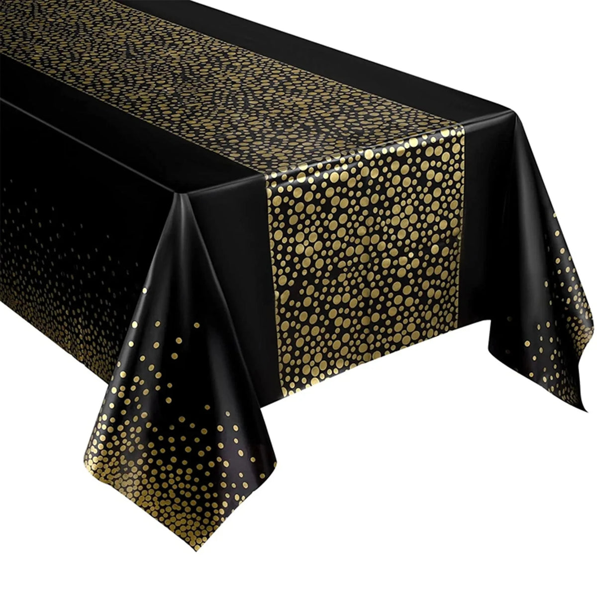 Black and gold polka dot disposable tablecloth covering a table.