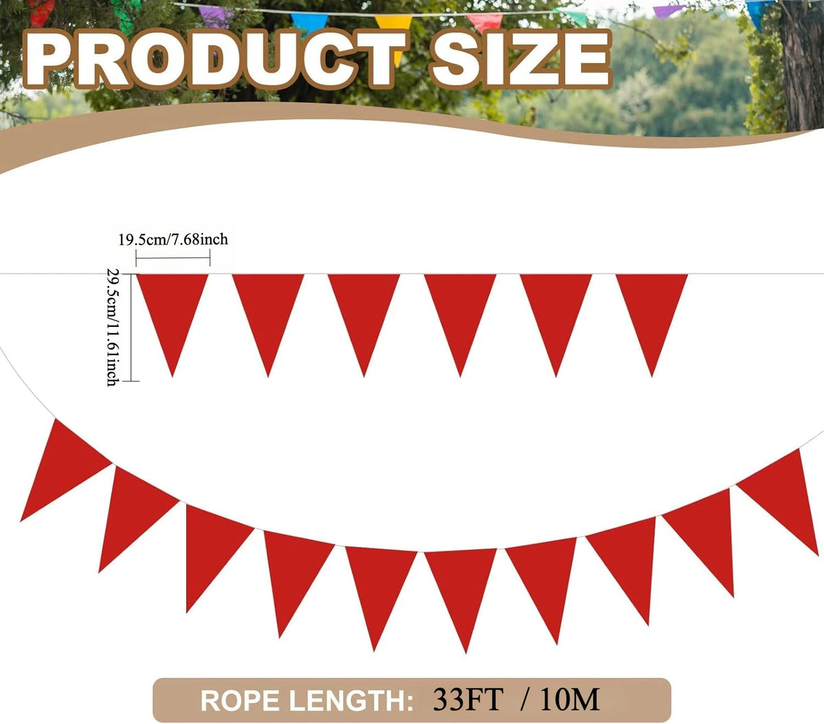 A display of red triangle bunting flags arranged in a pennant garland for parties and events.