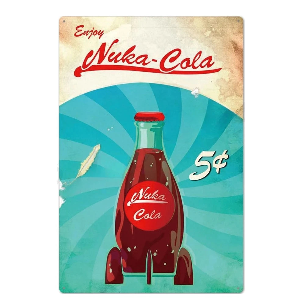 Vintage metal wall sign featuring a bottle of Nuka-Cola with a red liquid and a blue background.