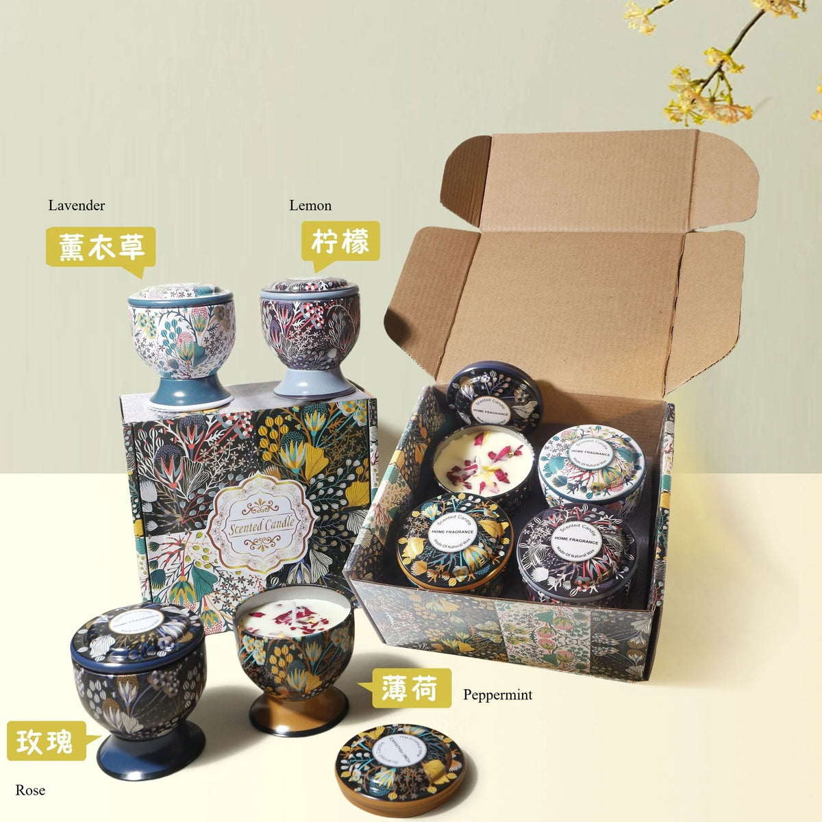 A gift set of soy wax aromatherapy candles in various floral scents including lavender, lemon, and rose, displayed in cardboa
