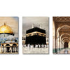 Set of three panels featuring Islamic calligraphy art prints depicting a dome, a dark structure, and an arched hallway.