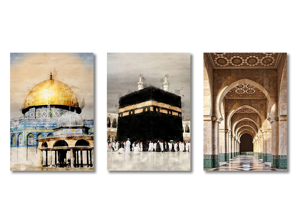 Set of three panels featuring Islamic calligraphy art prints depicting a dome, a dark structure, and an arched hallway.
