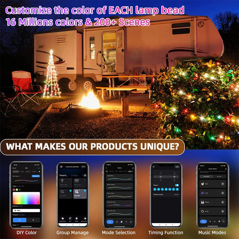 RGBIC color changing LED fairy string lights illuminating a vehicle and foliage.