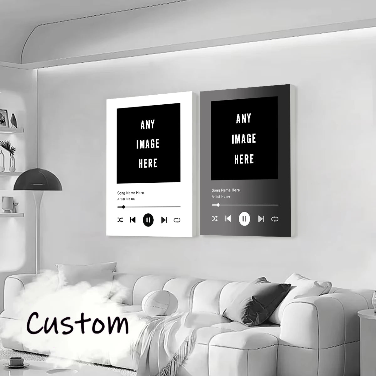 A custom song lyric canvas poster displayed on a white wall next to a white sofa.