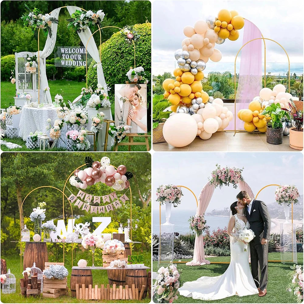 Hochzeitsfoto mit rosa und goldenem Metallbogen, dekoriert mit Blumen und Ballons.