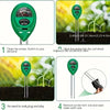 A green three-way meter probe is shown next to soil, illustrating its use for measuring moisture, pH, and light.