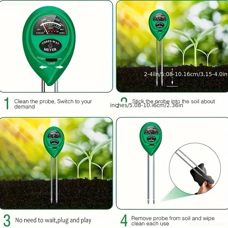 A green three-way meter probe is shown next to soil, illustrating its use for measuring moisture, pH, and light.