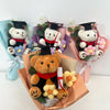 A bouquet of handcrafted crochet flowers and teddy bears in various colors and packaging.
